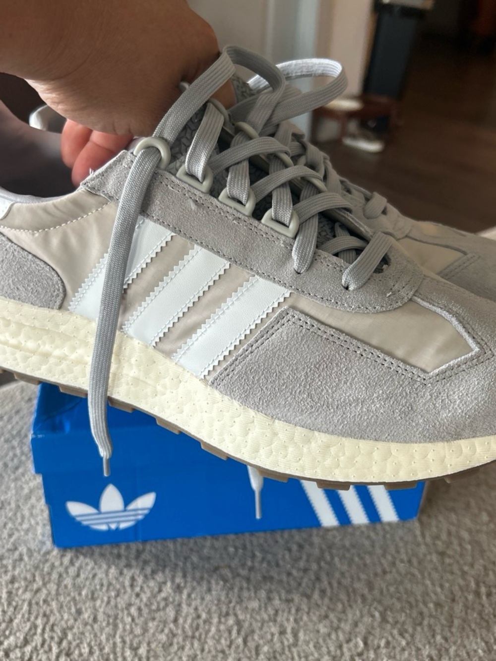 adidas Kids Light Grey Suede & White Stripe Sneakers